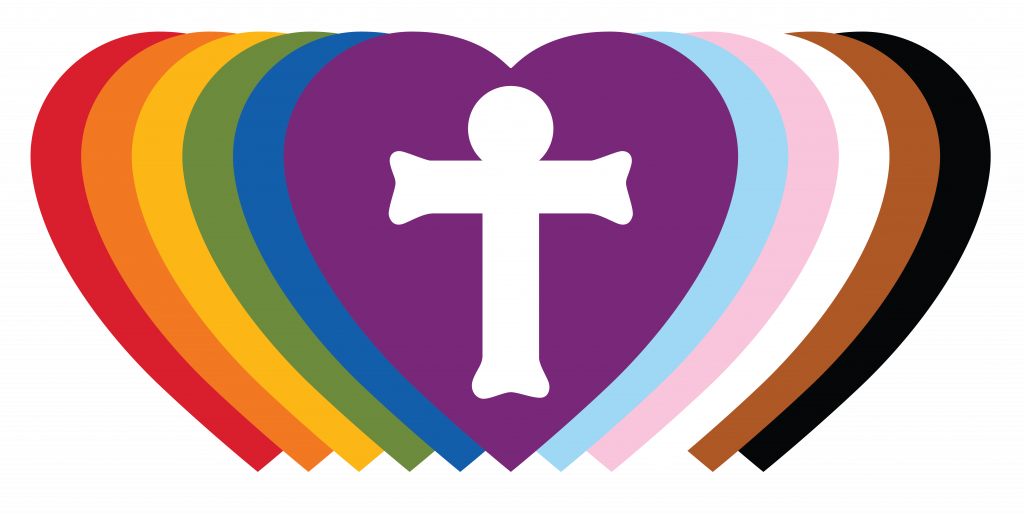 A multicolored heart with a cross in the center